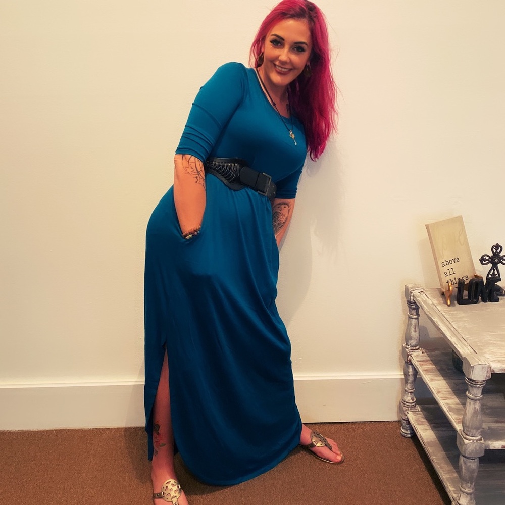 TEAL BLUE 3/4 sleeve maxi dress with pockets M L XL - Picture 6 of 7